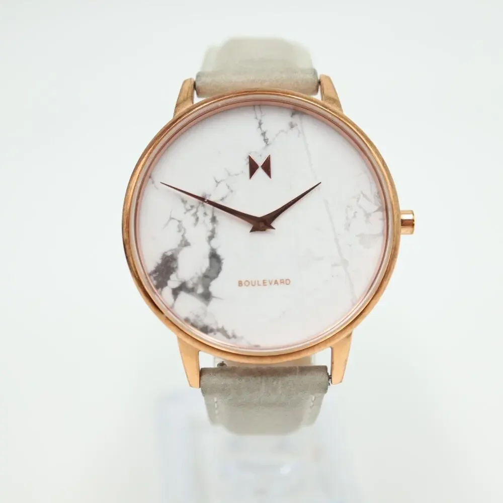 MVMT Women's Beverly Marble Watch 38mm Rose Gold Tone Gray Leather w New Battery
